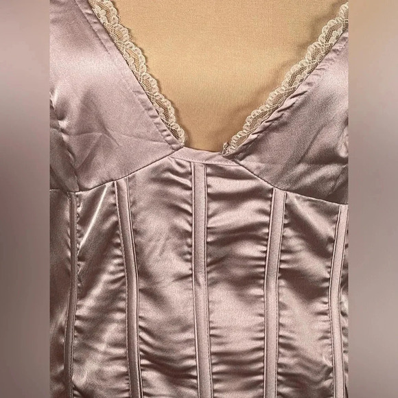 Pretty Little Thing MAUVE SATIN CORSET DETAIL LACE TRIM STRAPPY BODYCON DRESS - Picture 13 of 15